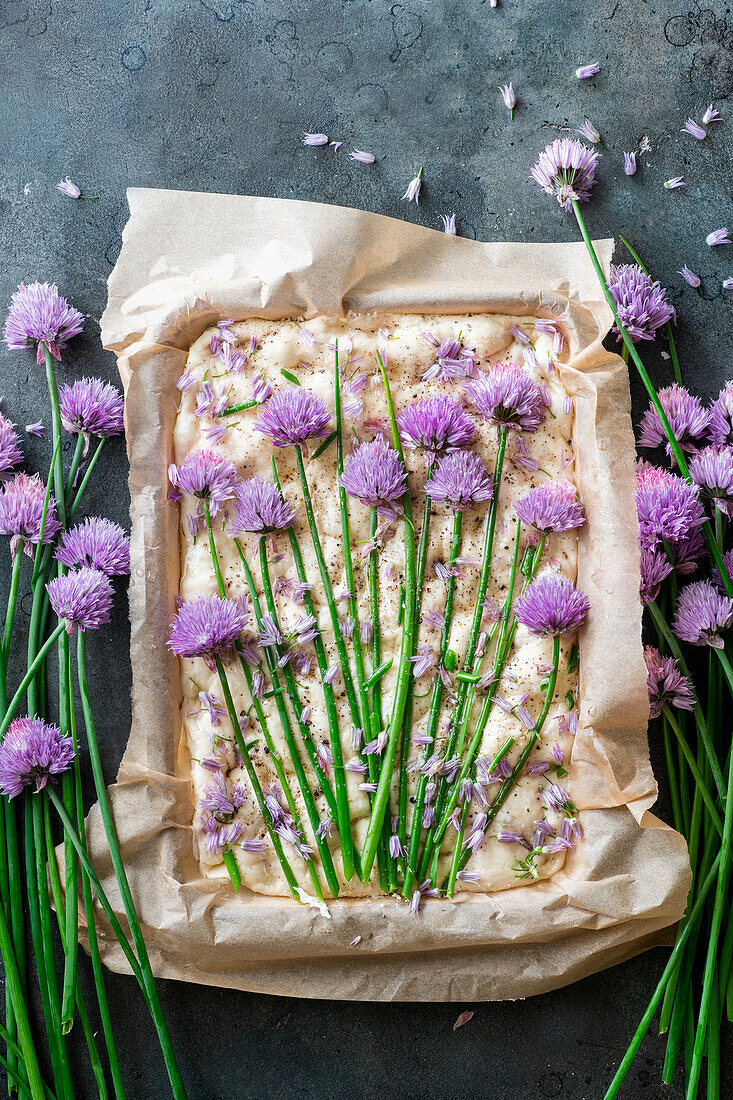 Chive blossom focaccia