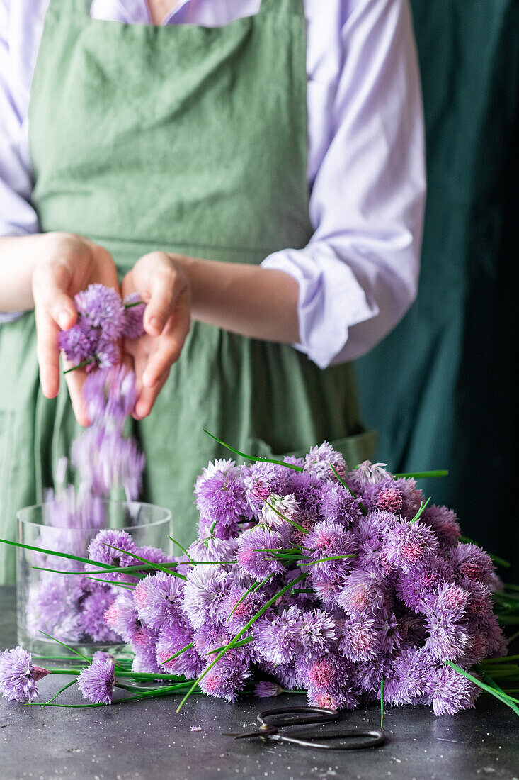 Freshly harvested chive blossoms