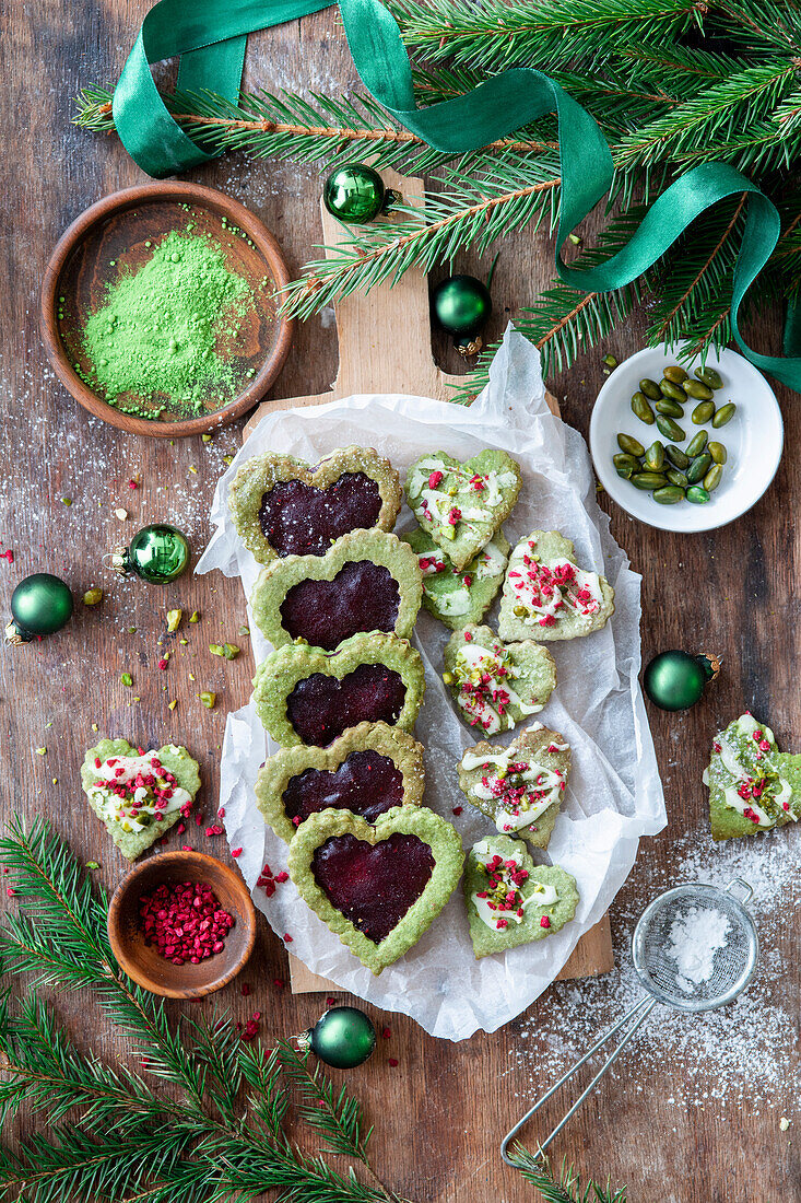 Matcha cookies with raspberry jam