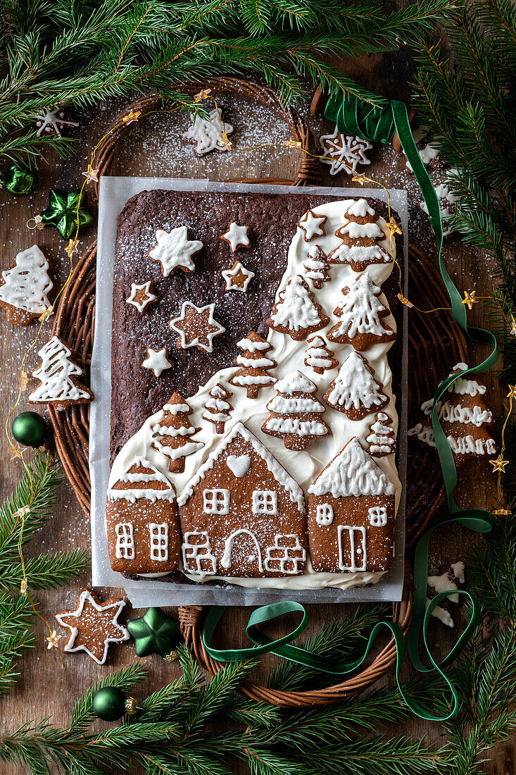 Chocolate cake with Christmas gingerbread decoration