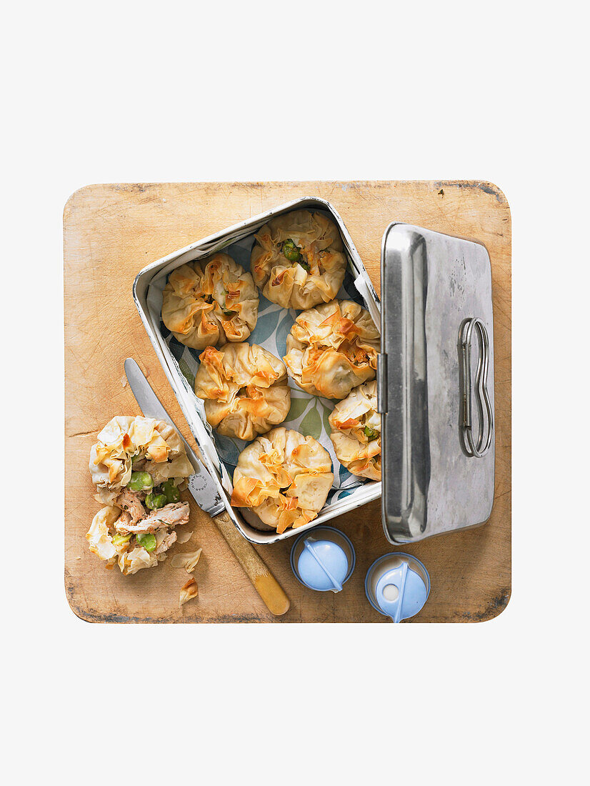 Chicken and broad bean filo Pies