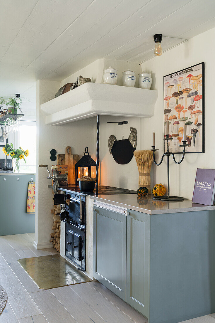 Small kitchenette with wood stove