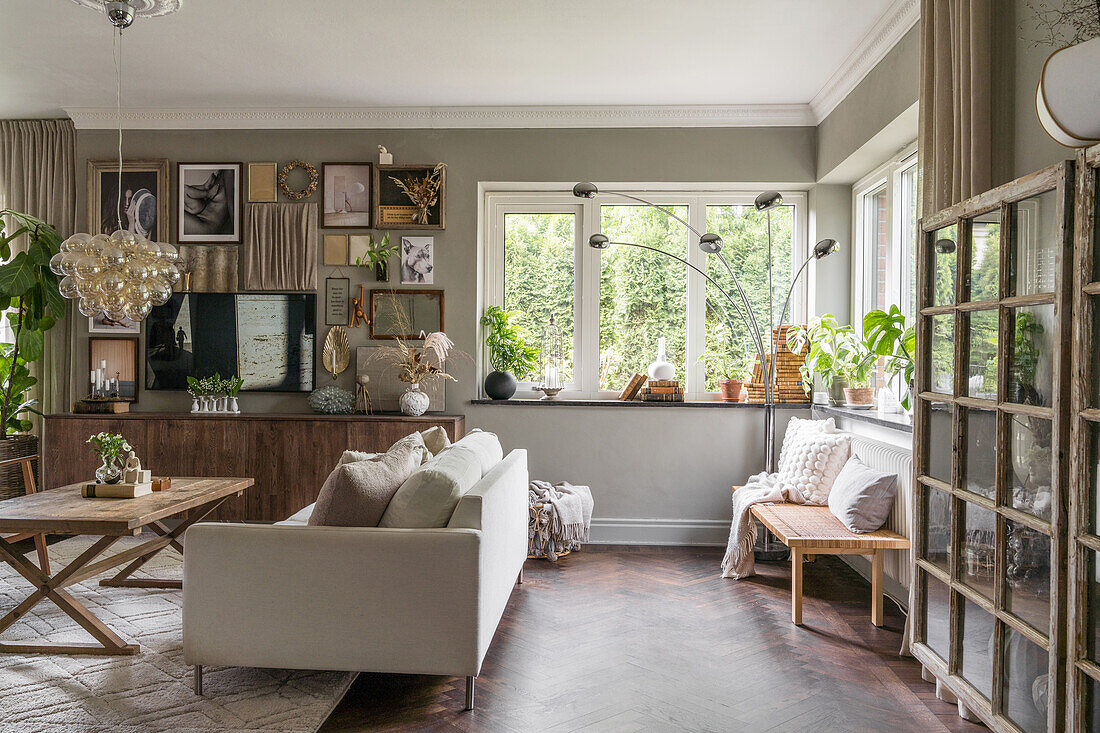 Living room in natural colors with wooden elements