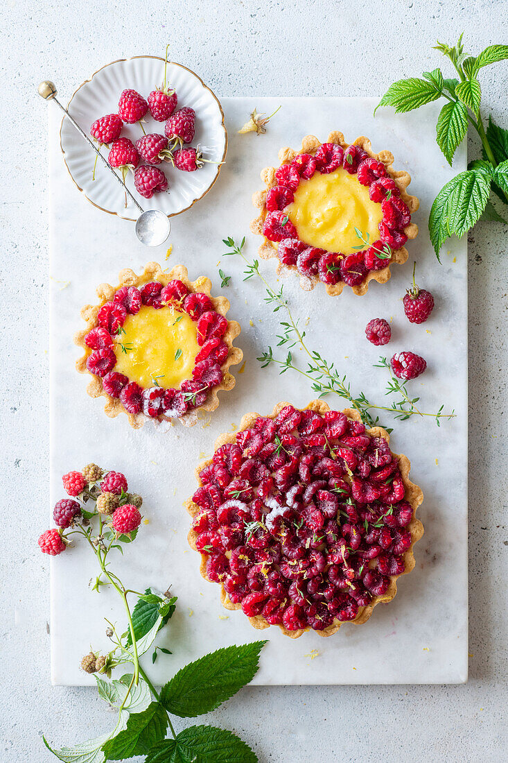 Raspberry tart and raspberry tartlets with lemon curd