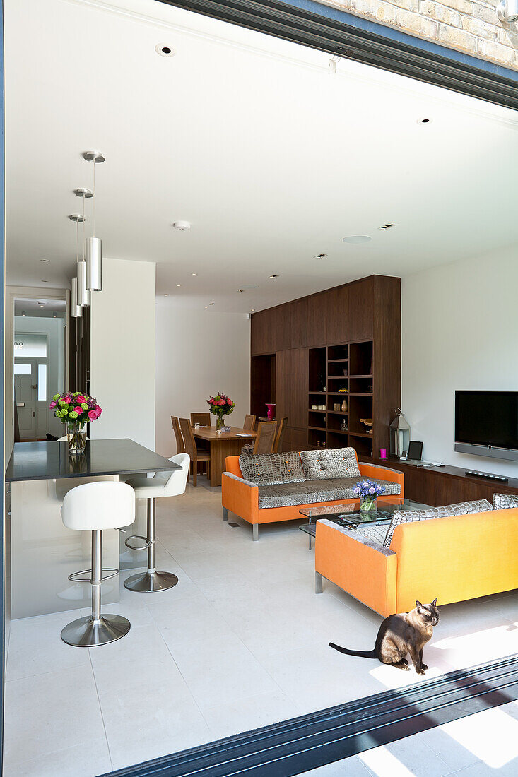 Upholstered sofas in front of a breakfast bar in open-plan living room with a dining area in the background