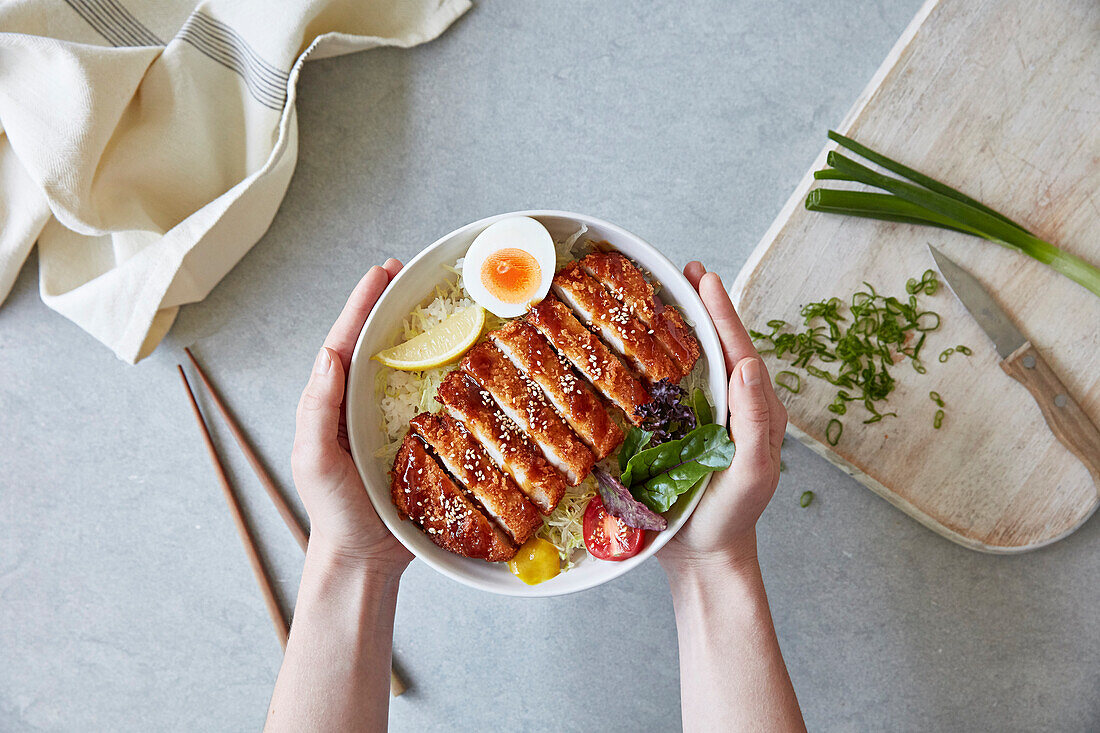 Chicken with boiled egg on rice (Japan)