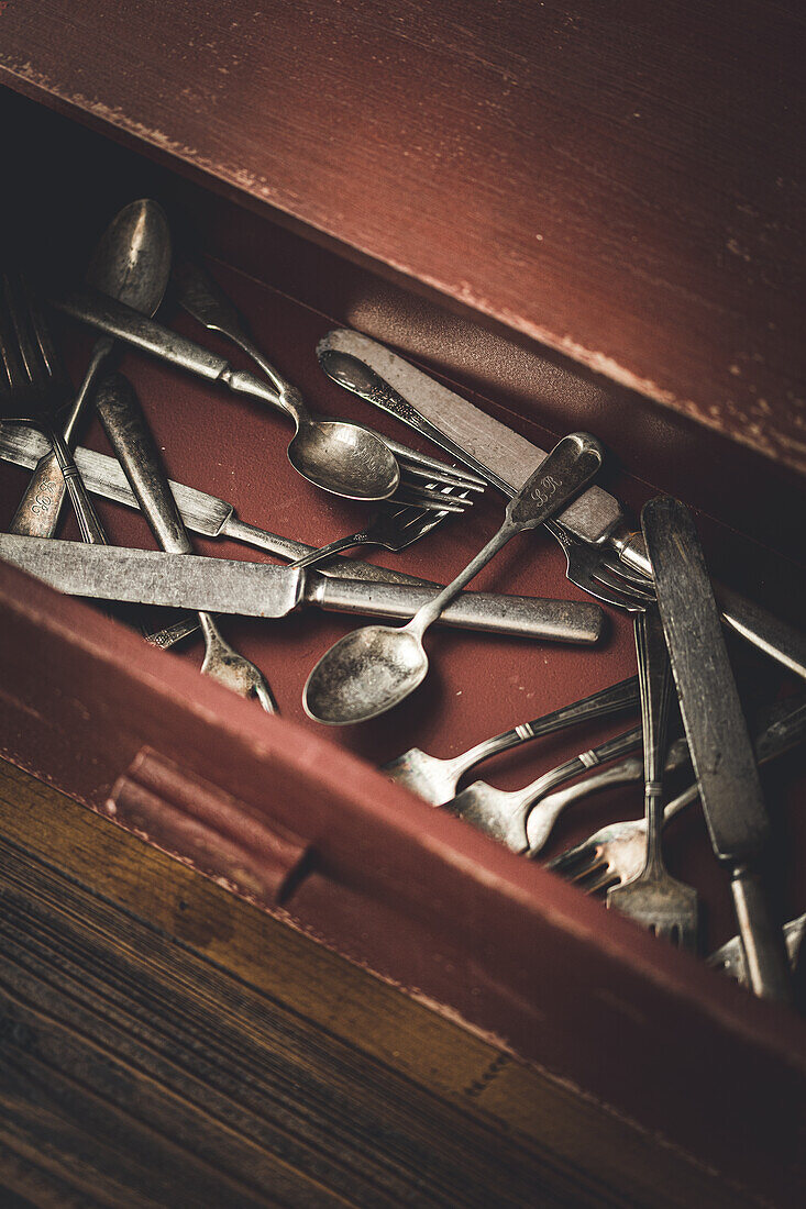 Vintage cutlery in a drawer