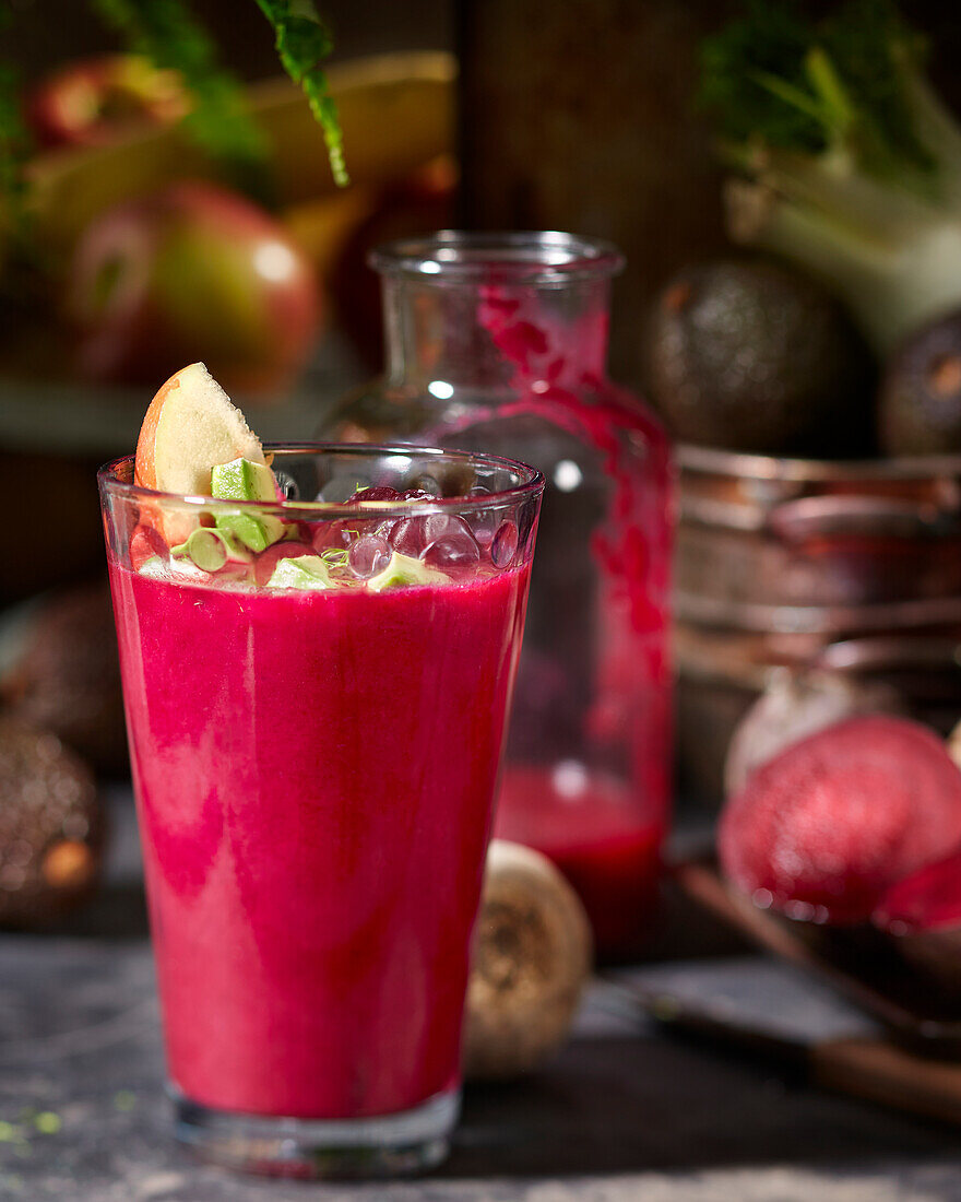 A smoothie made with beetroot, avocado, apple, banana and fennel