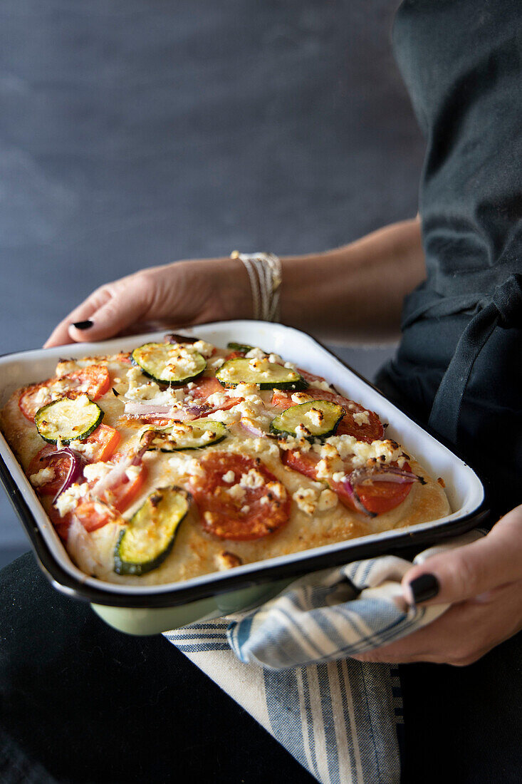 Focaccia pizza with colourful vegetables