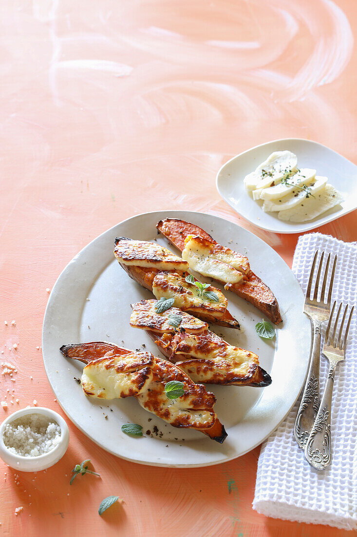 Sweet potatoes filled with halloumi cheese