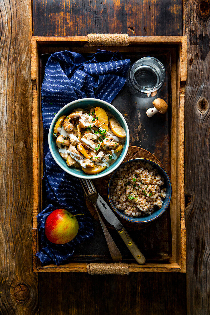 Bowl with Turkey breast, mushrooms, apple slices, cream, and spelt rice