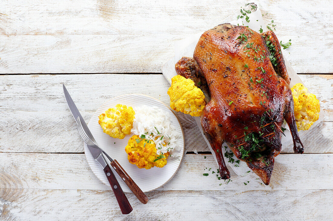 Roasted duck with roasted cauliflower