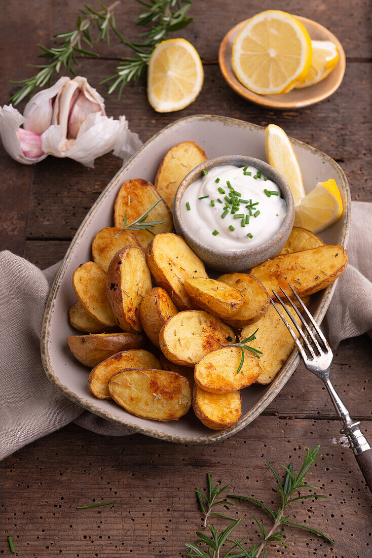 Baked rosemary potatoes with vegan 'sour cream