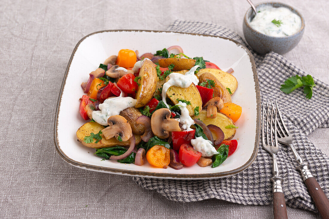 Warmer Kartoffelsalat mit Paprika, Pilzen, Spinat und Tomaten