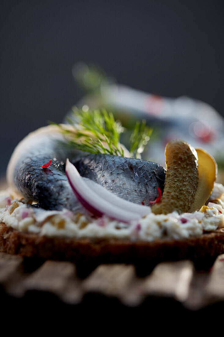 Rollmops mit Essiggurke und Zwiebel auf Pumpernickeltaler