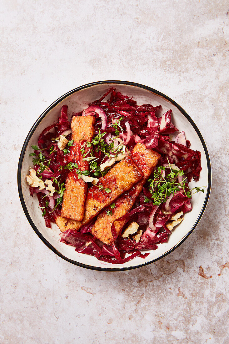 Red winter salad with blood orange, tempeh, and beet