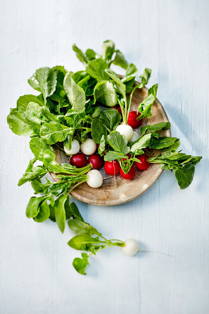 White and red radishes with greens