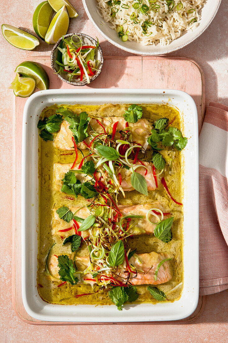 Thai curry salmon casserole with rice