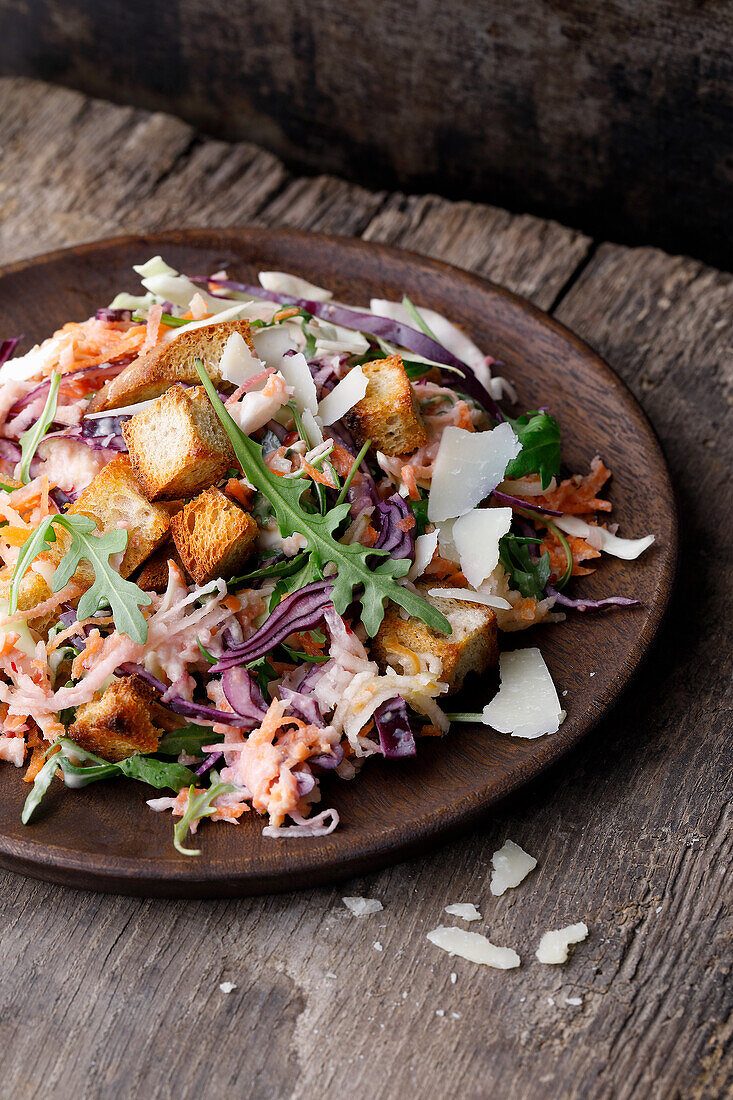 Coleslaw with yoghurt dressing, parmesan and croutons