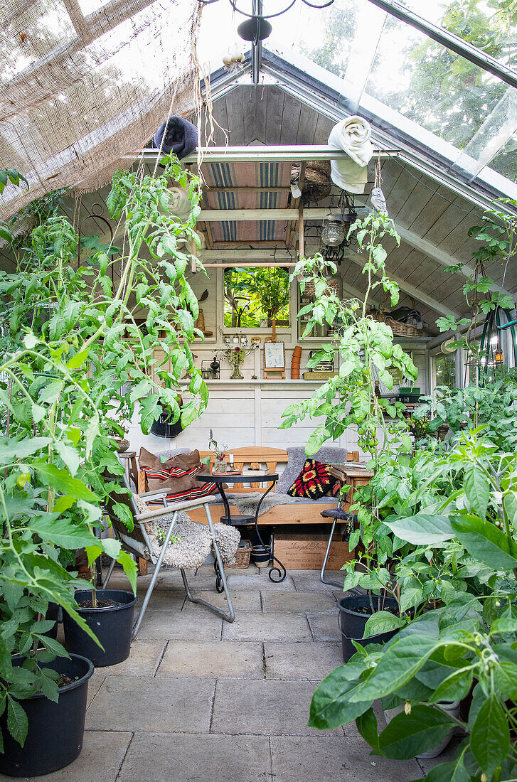 Gewächshaus aus Aluminium und Glas mit einer Erweiterung aus Holz und recycelten Fenstern