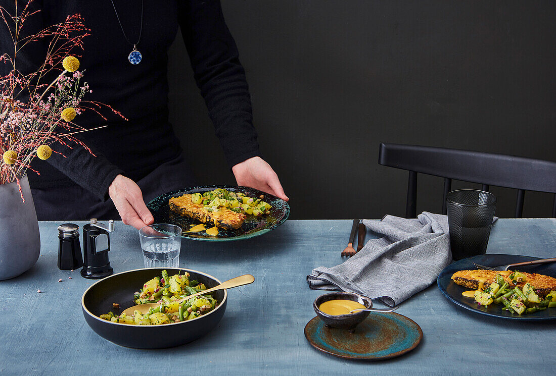 Vegan crispy aubergine with bean dip and potato salad