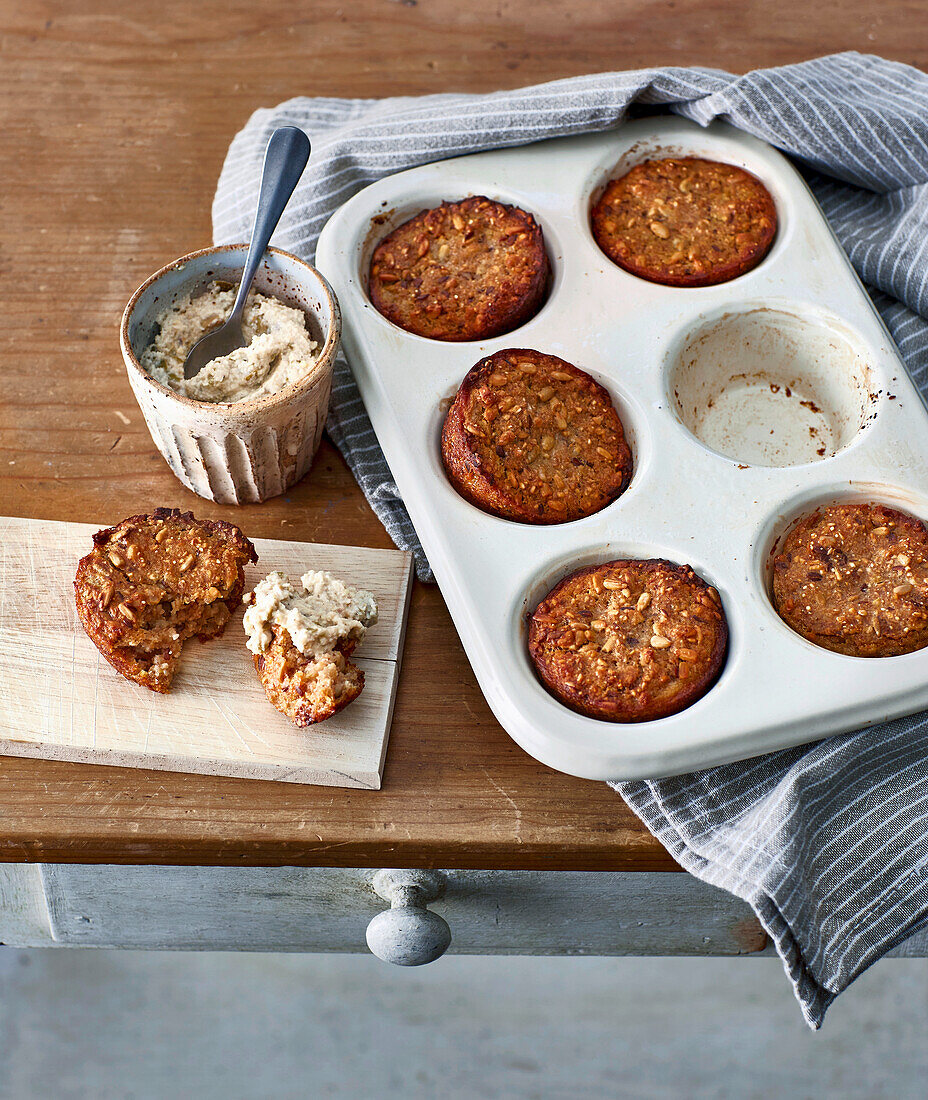 Vegan brown bread muffins with olive dip