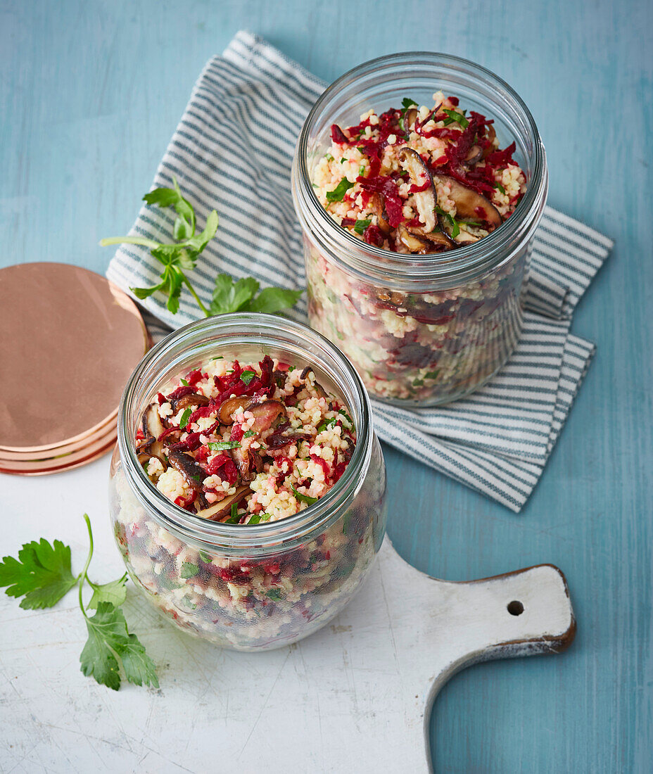 Millet salad with beetroot and mushrooms in a jar