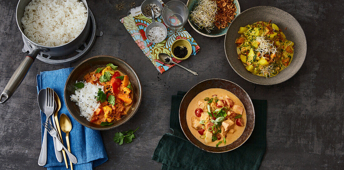 Curry trio - mixed veggie tikka masala, potato curry, fish curry