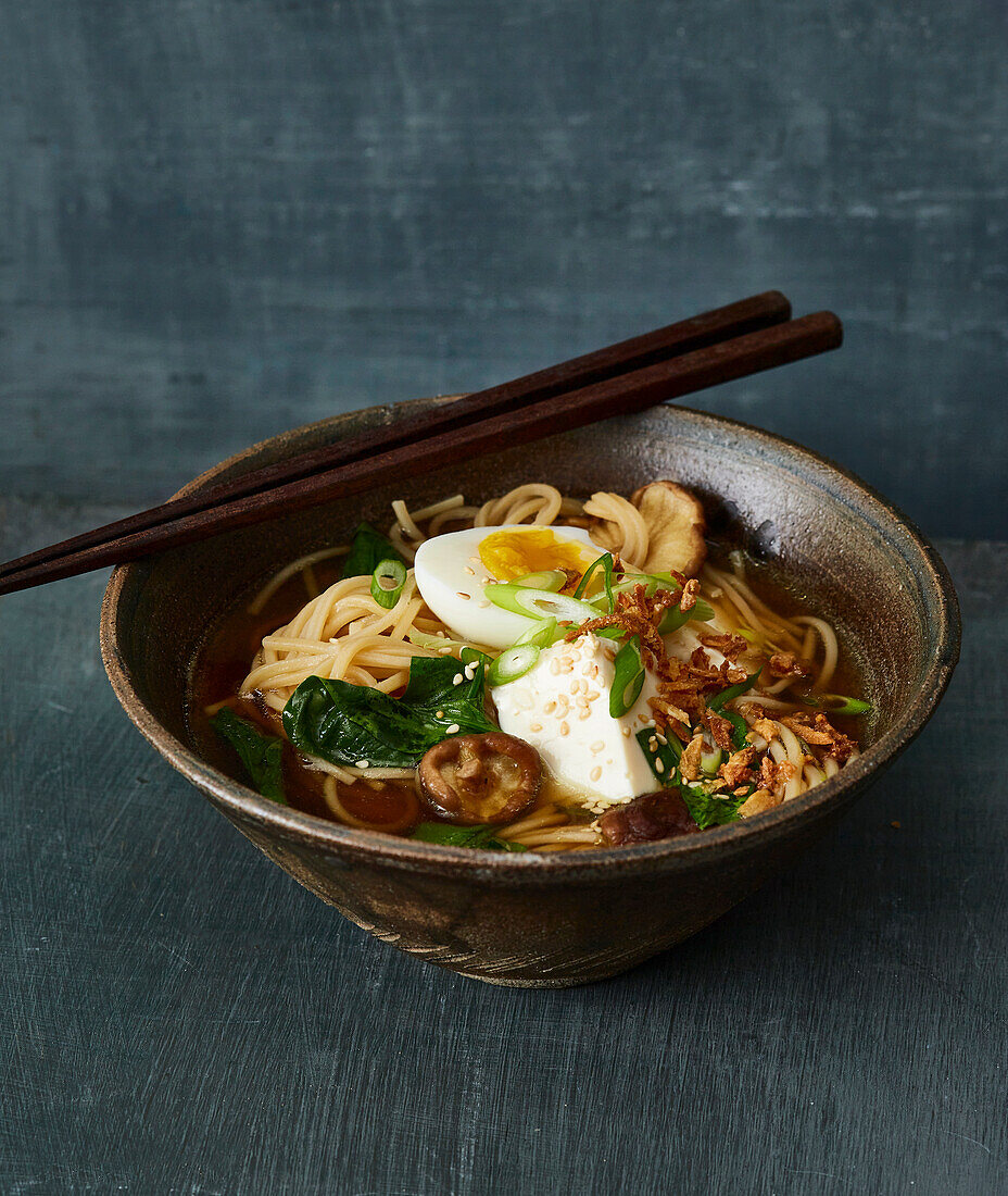 Vegetarian miso ramen with spinach and egg