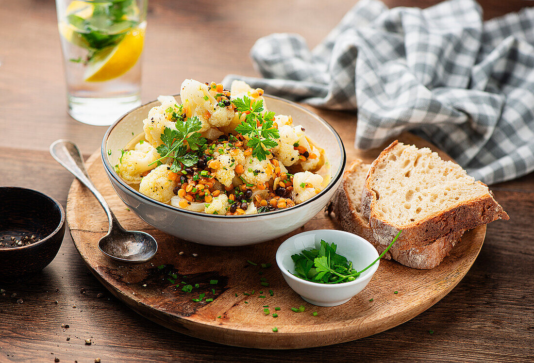 Cauliflower with lentil vinaigrette