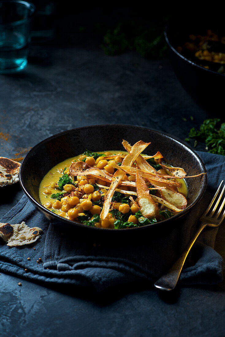 Vegan chickpea dahl with kale and roasted parsnips