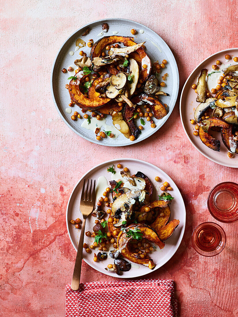 Roasted pumpkin with chickpeas and mushrooms