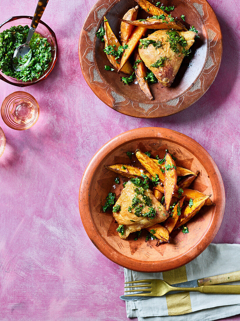 Chicken with sweet potato fries and salsa verde