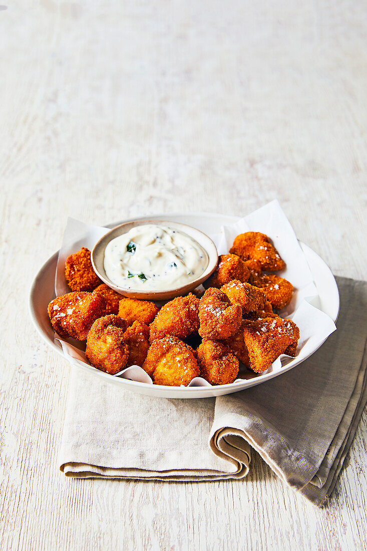 Curry chicken nuggets with curry leaf mayonnaise