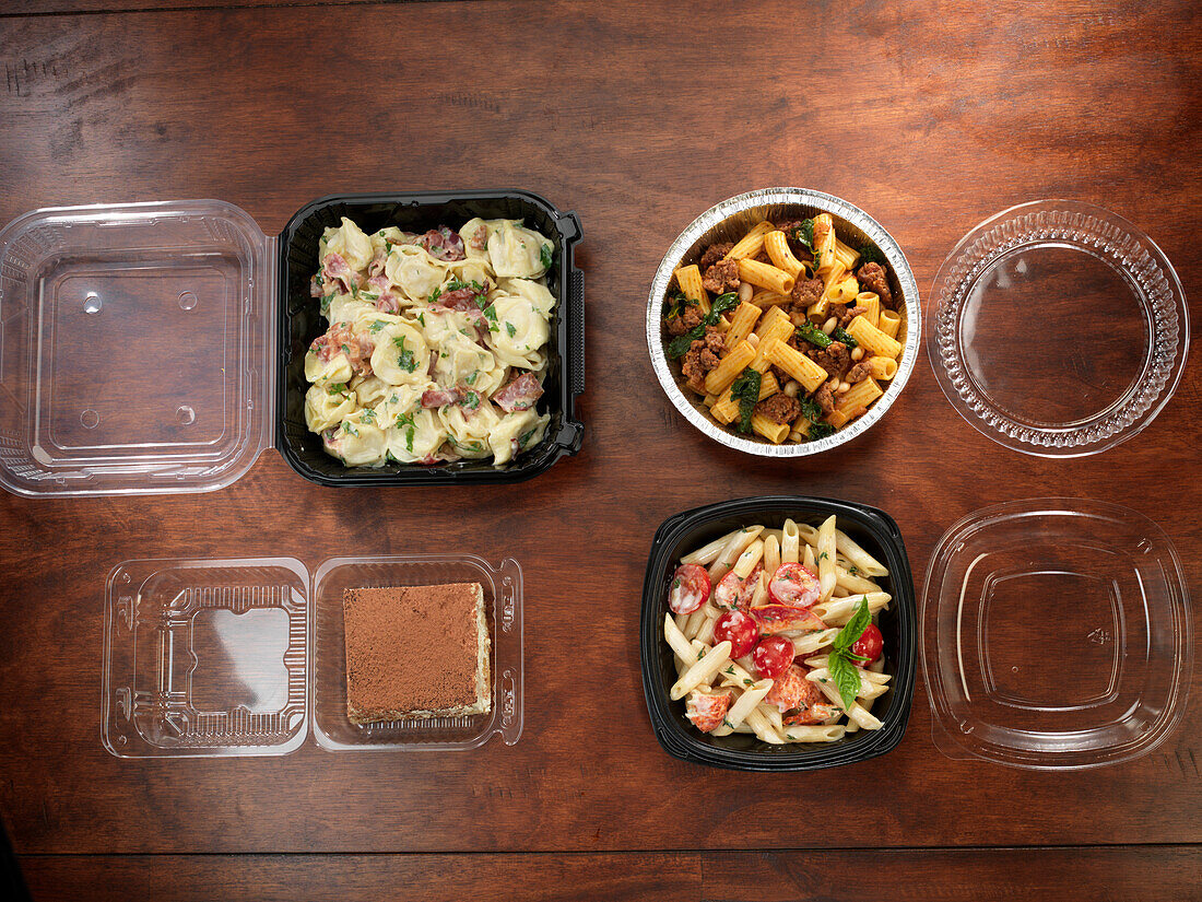 Italian take-away dishes in plastic containers