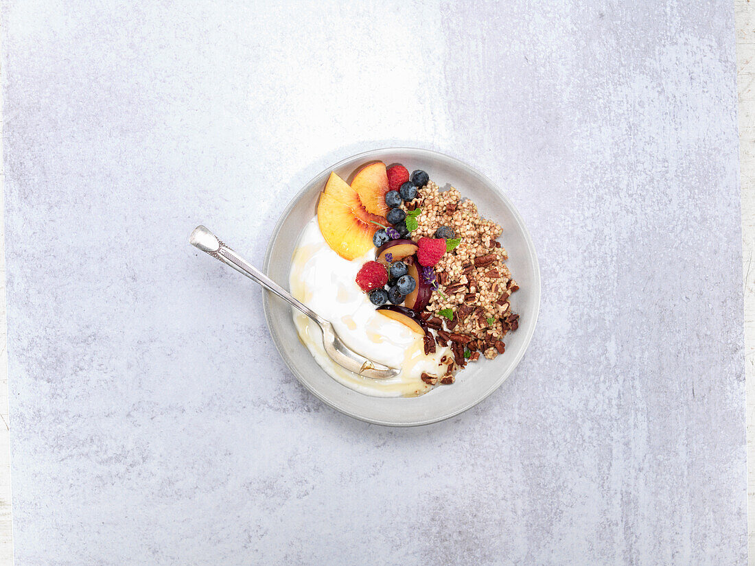 A buckwheat powerbowl with fruit and yoghurt for breakfast