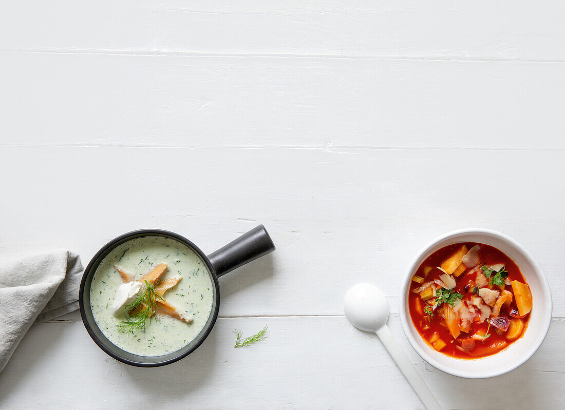 Gurkensuppe mit Räucherforelle, Orientalische Minestrone