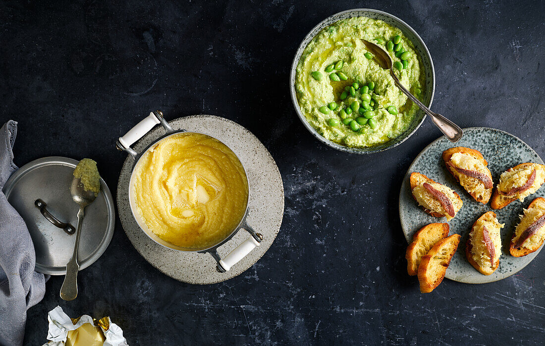 Edamame wasabi mashed potatoes, brandade dumplings on crostini, Robuchon mashed potatoes