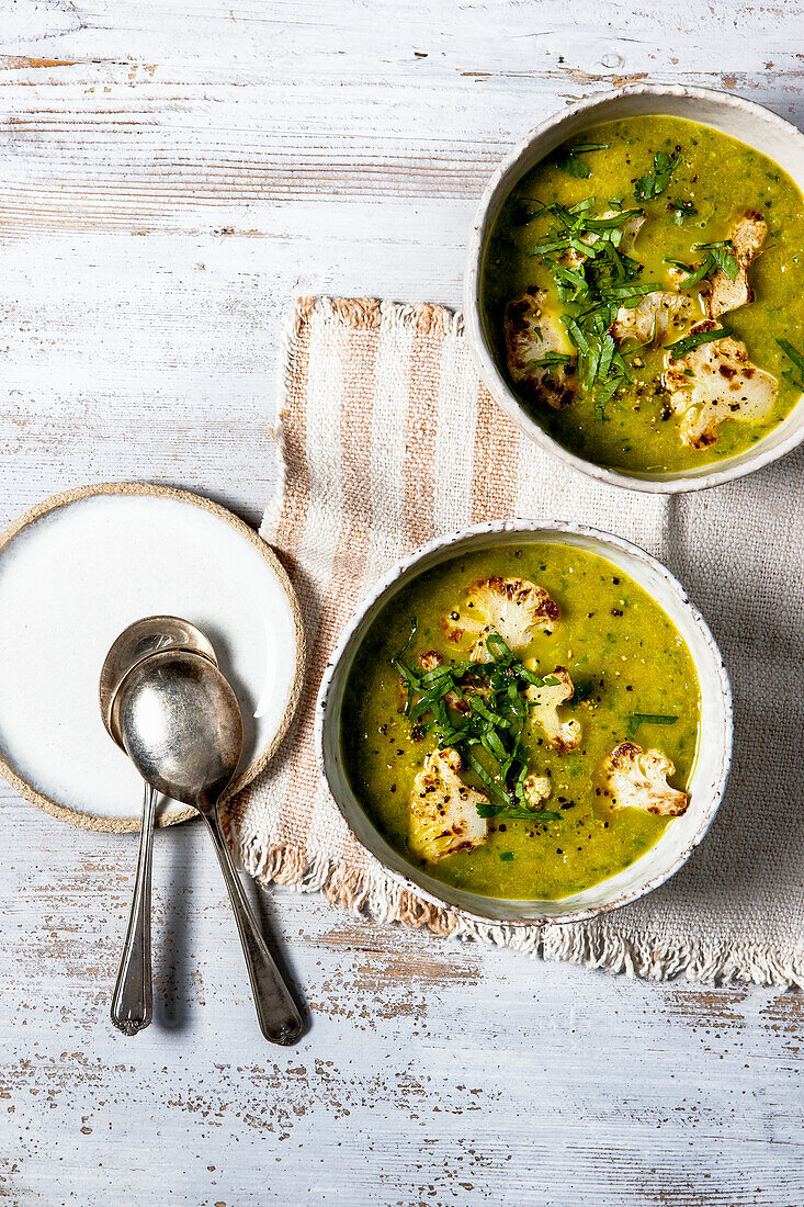 Spicy leek and courgette soup with roasted cauliflower