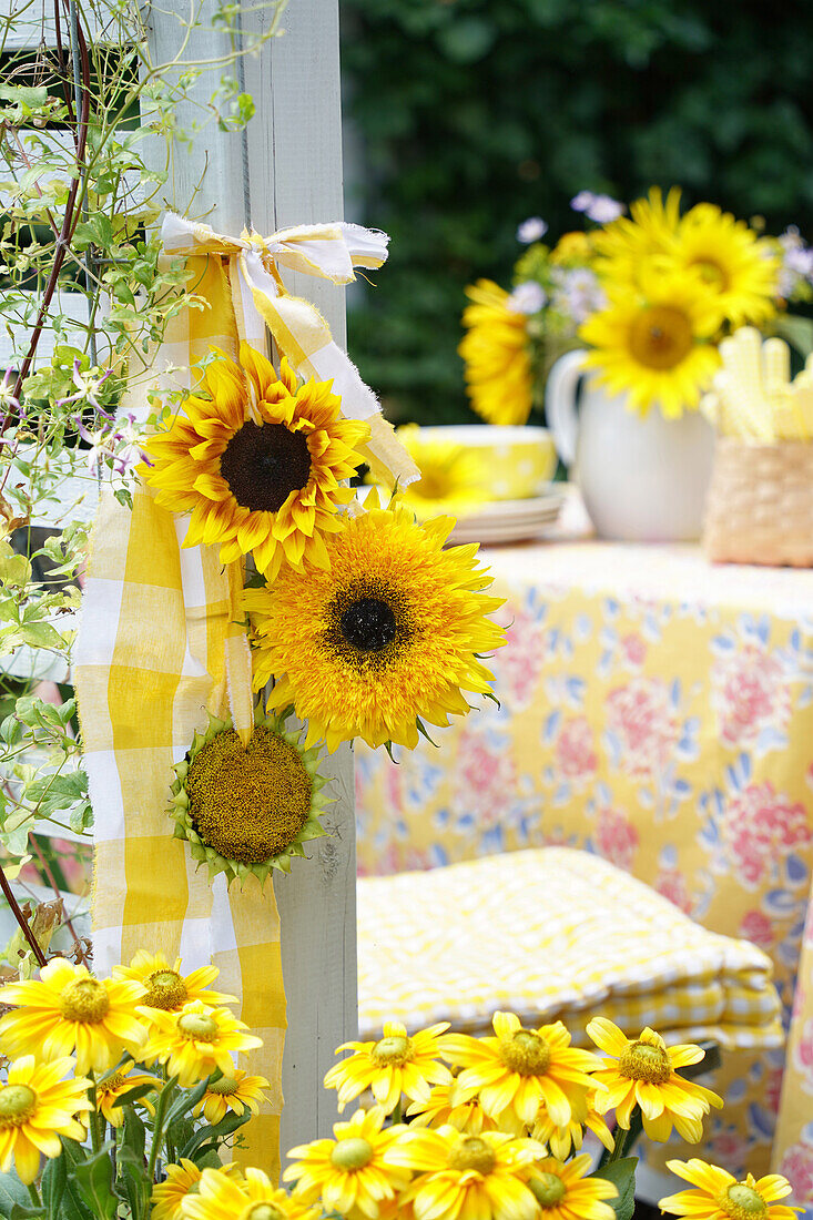 Sunflower heads with yellow chequered ribbon as chair decoration