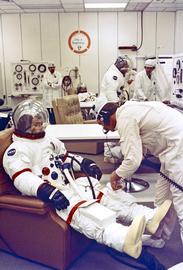 Apollo 17 astronaut undergoing spacesuit checkout