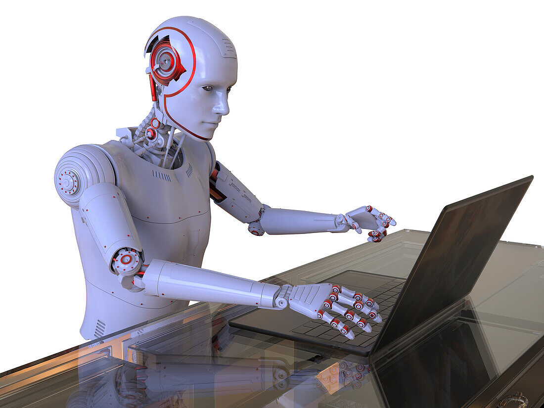 Humanoid robot working with laptop, conceptual illustration
