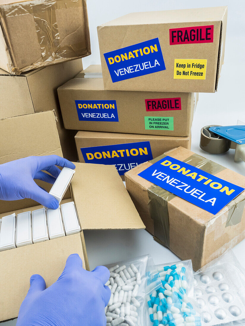 Donated medication being sent to Venezuela, conceptual image