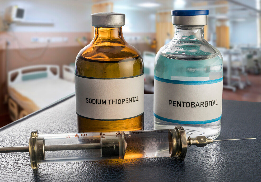 Two vials of sodium thiopental anaesthesia and pentobarbital