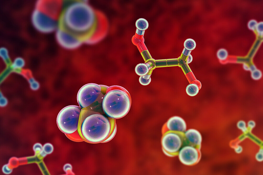 Ethylene glycol molecule, 3D illustration