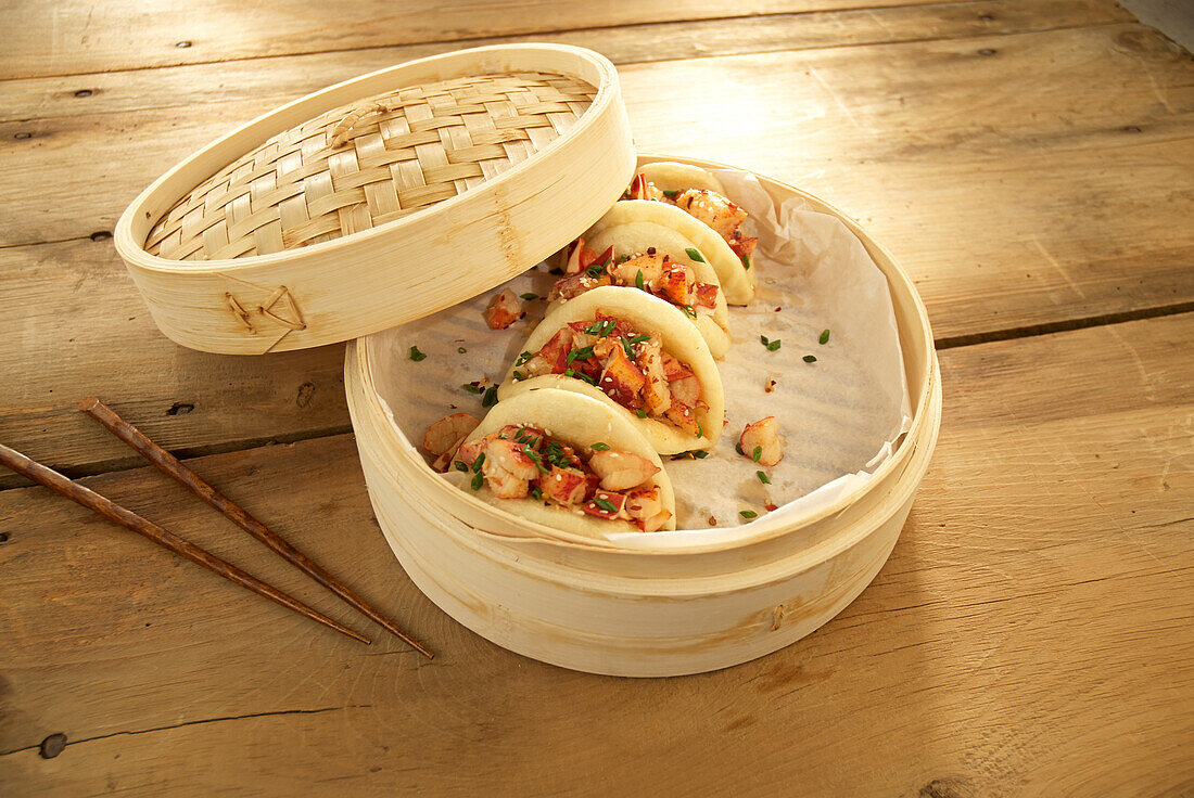 Bao Buns with shrimp in a bamboo basket
