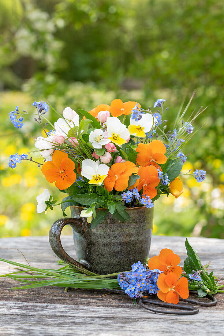 Blumenstrauß aus Hornveilchen (Viola cornuta), Vergissmeinnicht (Myosotis) und Zierapfelblüten (Malus)