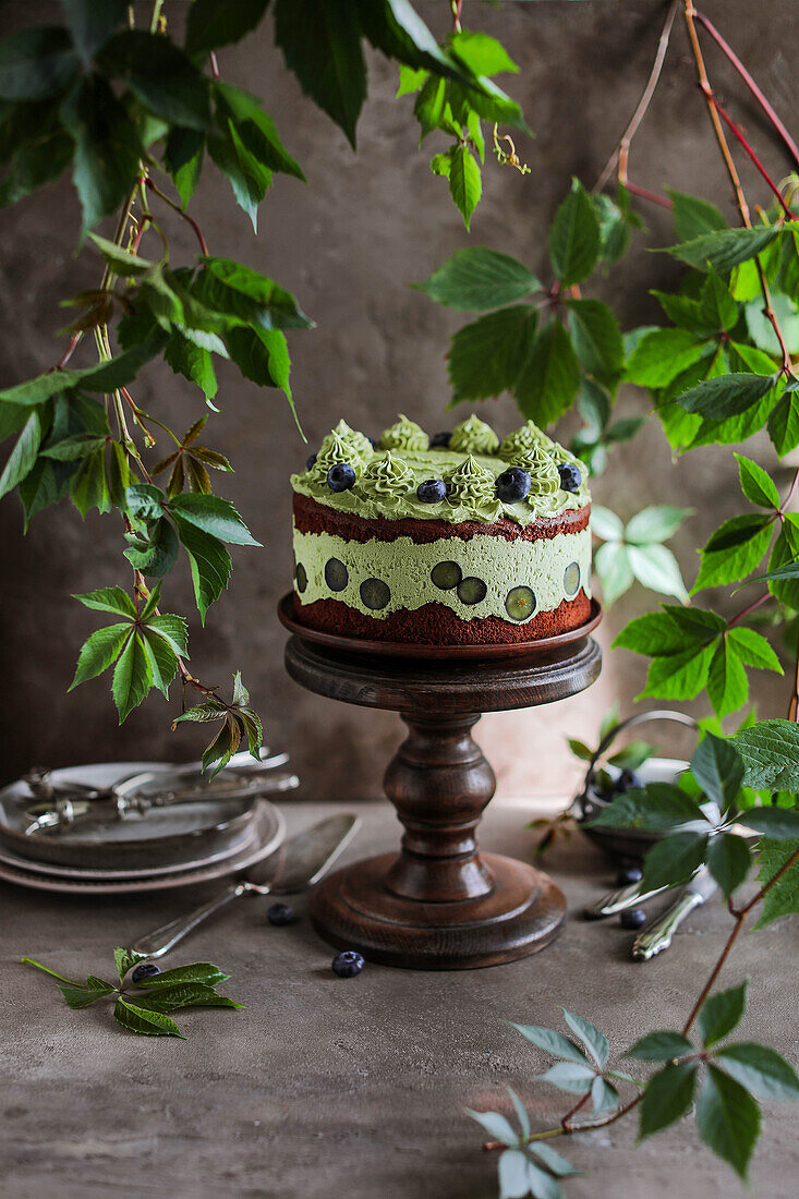 Chocolate cake with matcha soufflé and blueberries