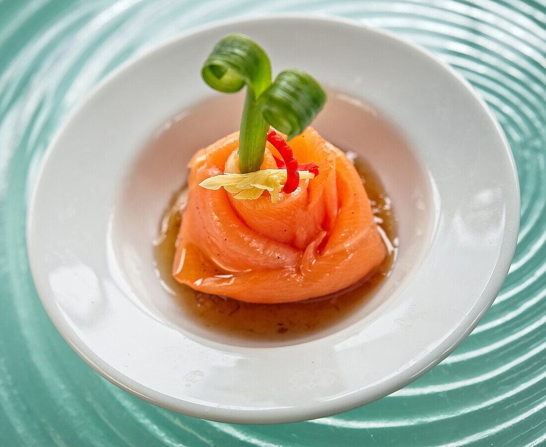 An appetizer with salmon