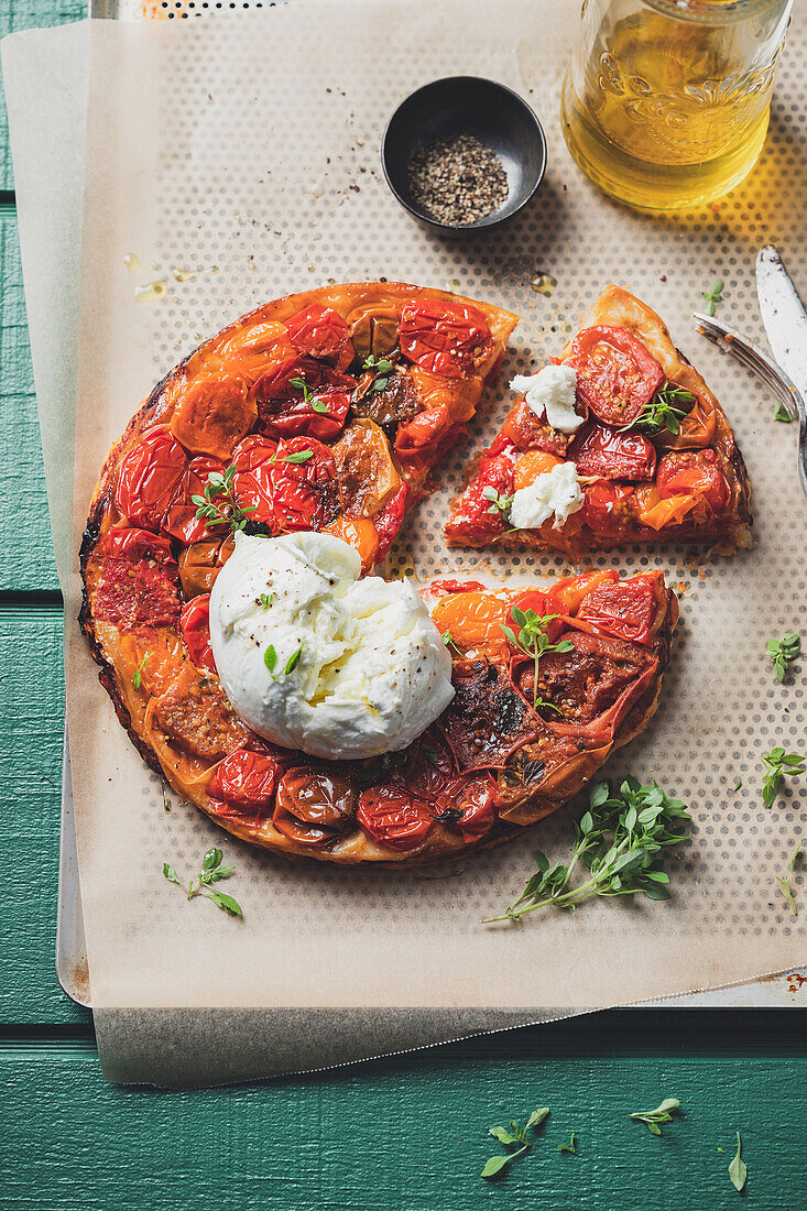 Tarte Tatin with tomatoes, Greek basil and buffalo mozzarella